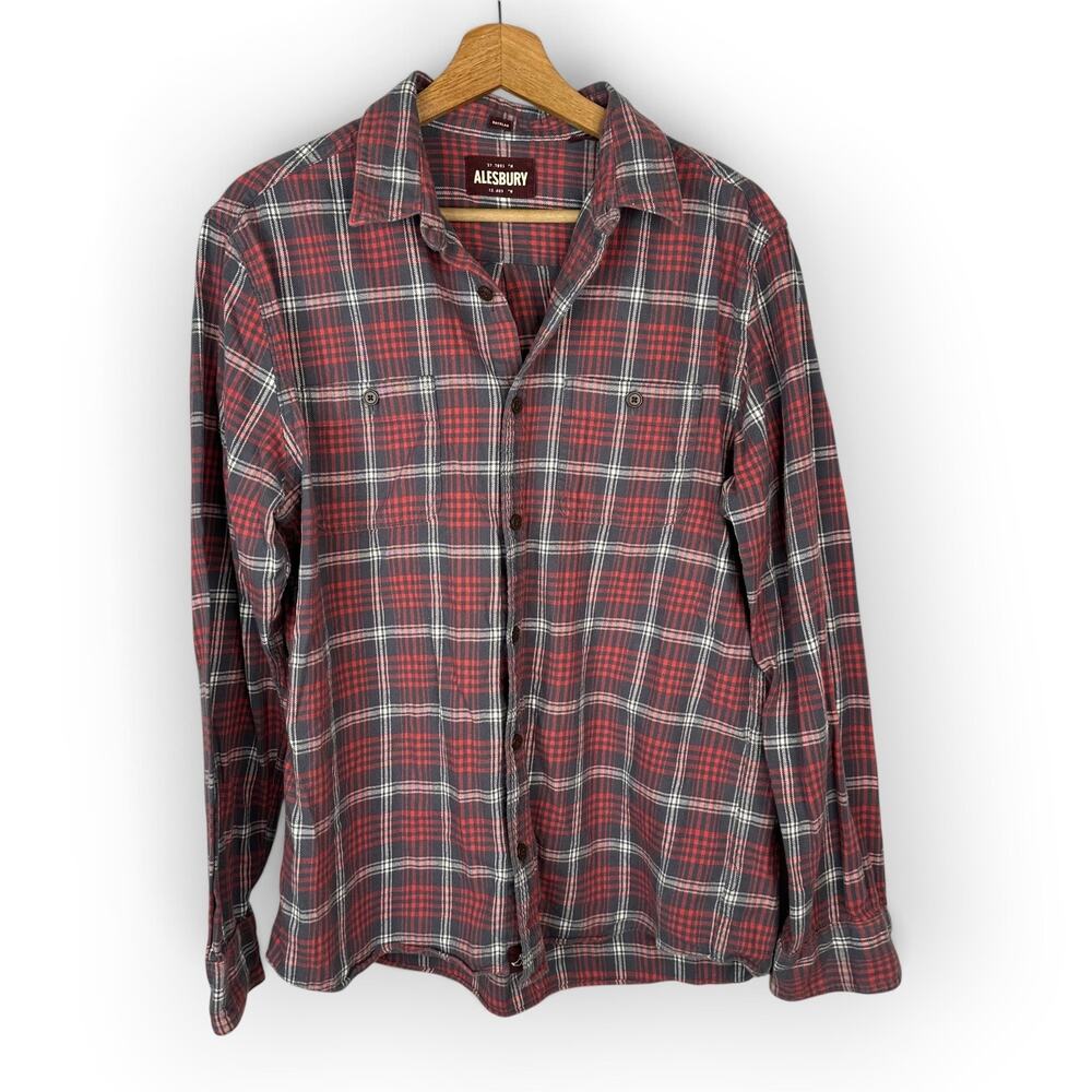 Alesbury Mens M Red Grey Plaid Flannel Button-Up Shirt Two Pocket Cotton Casual